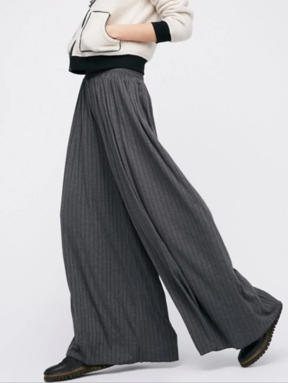 Free People Beach Love Me Wide Leg Palazzo Pants Gray Ribbed Bohemian Size L - Picture 1 of 13
